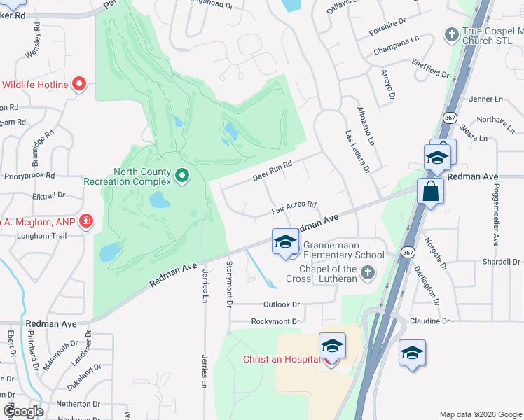 map of restaurants, bars, coffee shops, grocery stores, and more near 2417 Fair Acres Road in St. Louis