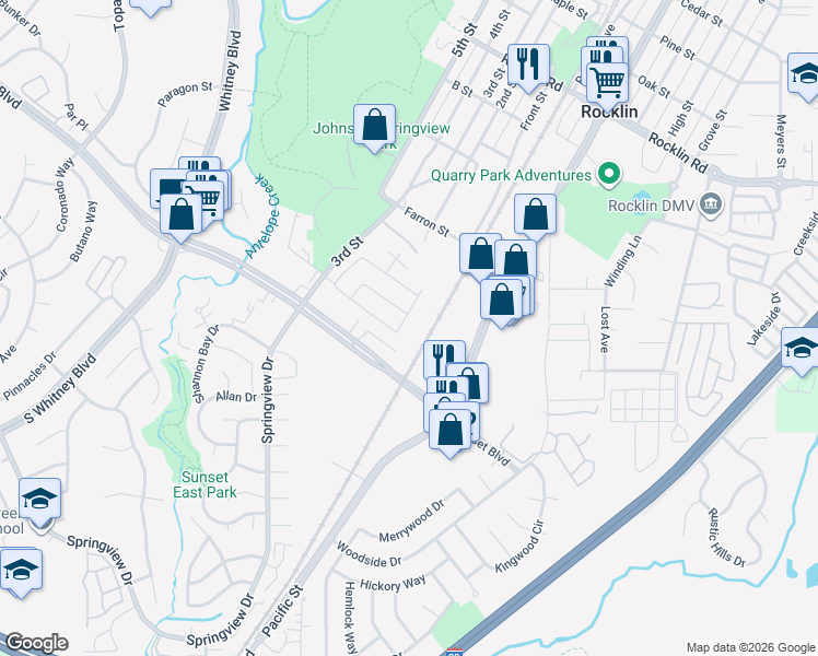 map of restaurants, bars, coffee shops, grocery stores, and more near 3544 Willard Way in Rocklin