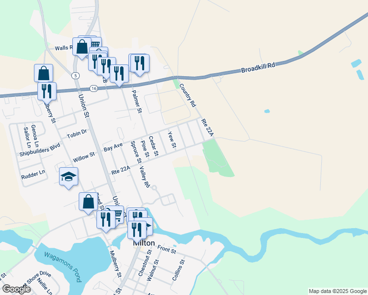 map of restaurants, bars, coffee shops, grocery stores, and more near 406 Boxwood Street in Milton