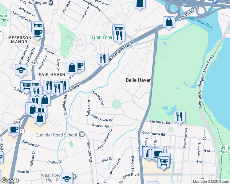 map of restaurants, bars, coffee shops, grocery stores, and more near 6128 Edgewood Terrace in Alexandria