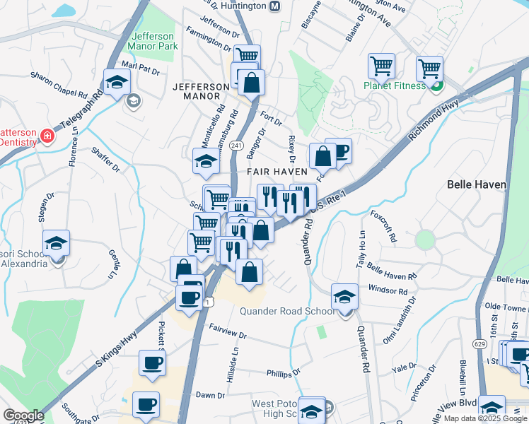 map of restaurants, bars, coffee shops, grocery stores, and more near 2508 Jamaica Drive in Alexandria