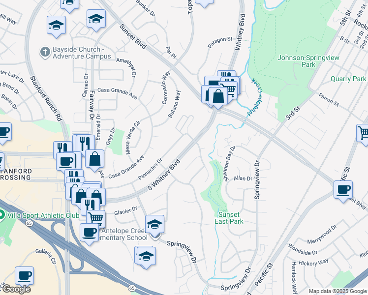map of restaurants, bars, coffee shops, grocery stores, and more near 2735 South Whitney Boulevard in Rocklin