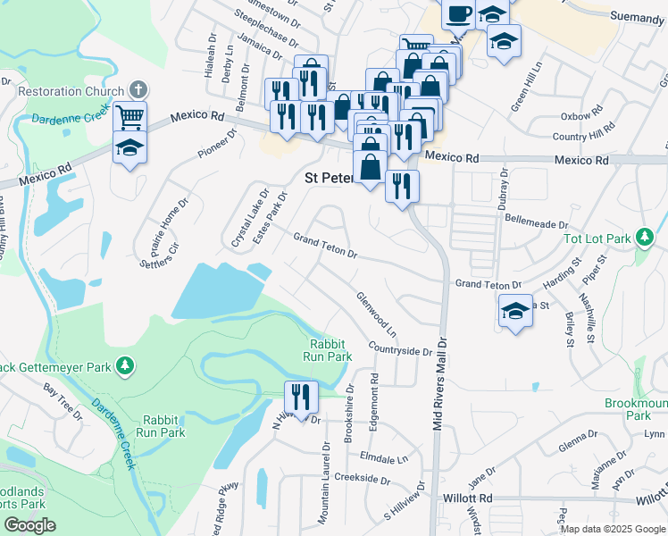 map of restaurants, bars, coffee shops, grocery stores, and more near 50 Glenwood Lane in St. Peters