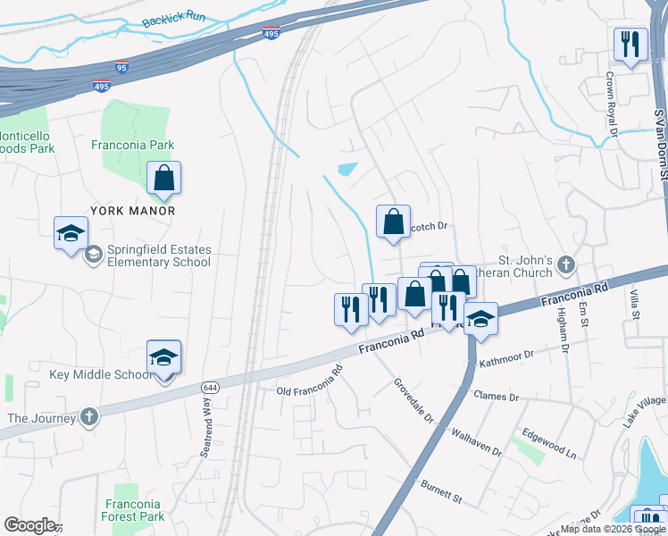 map of restaurants, bars, coffee shops, grocery stores, and more near 6205 Franconia Forest Ct in Alexandria