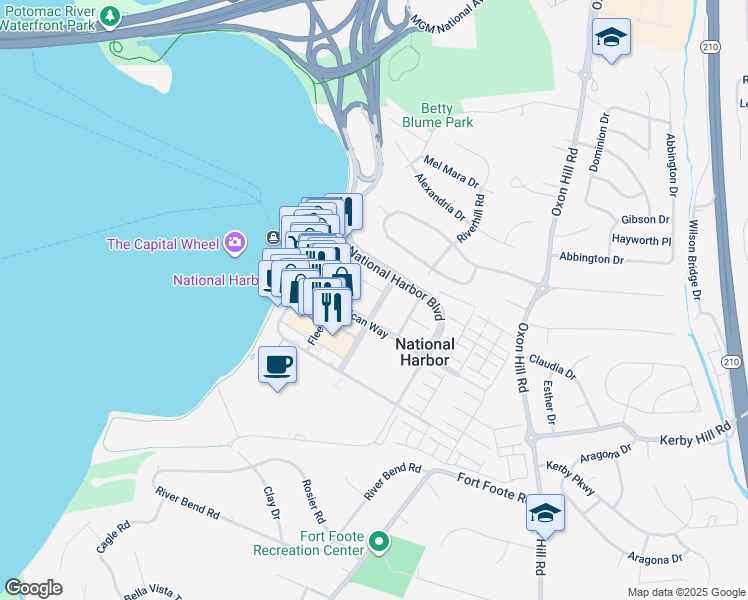 map of restaurants, bars, coffee shops, grocery stores, and more near 129 Saint George Boulevard in Oxon Hill