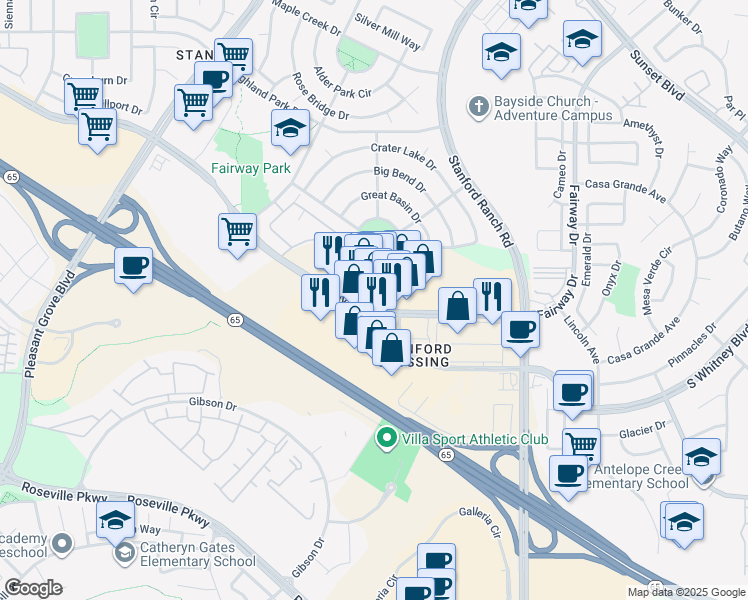 map of restaurants, bars, coffee shops, grocery stores, and more near 9660 Fairway Drive in Roseville