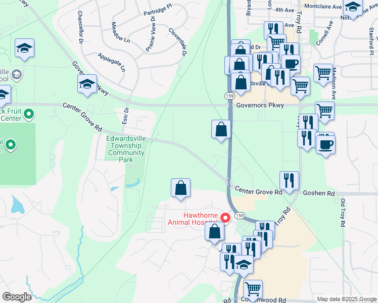 map of restaurants, bars, coffee shops, grocery stores, and more near 6368 Center Grove Road in Edwardsville