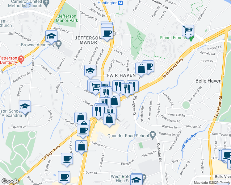 map of restaurants, bars, coffee shops, grocery stores, and more near 2508 Jamaica Drive in Alexandria