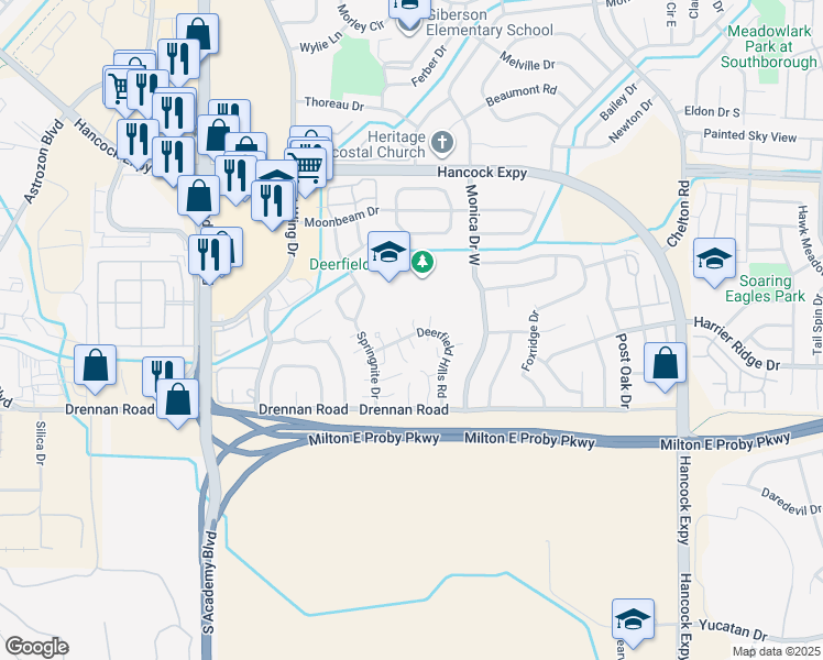 map of restaurants, bars, coffee shops, grocery stores, and more near 4250 Deerfield Hills Road in Colorado Springs