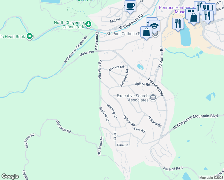 map of restaurants, bars, coffee shops, grocery stores, and more near 13 Upland Road in Colorado Springs