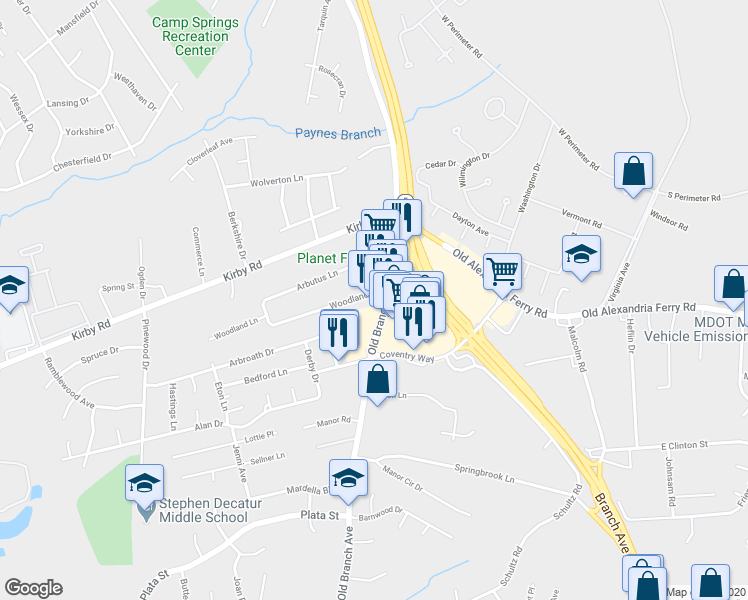 map of restaurants, bars, coffee shops, grocery stores, and more near 7701 Old Branch Avenue in Clinton