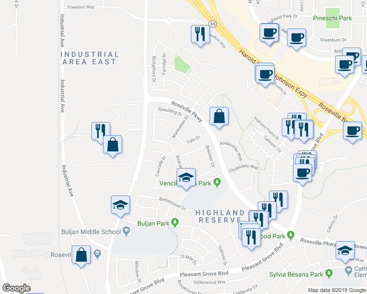 map of restaurants, bars, coffee shops, grocery stores, and more near 432 Yale Drive in Roseville