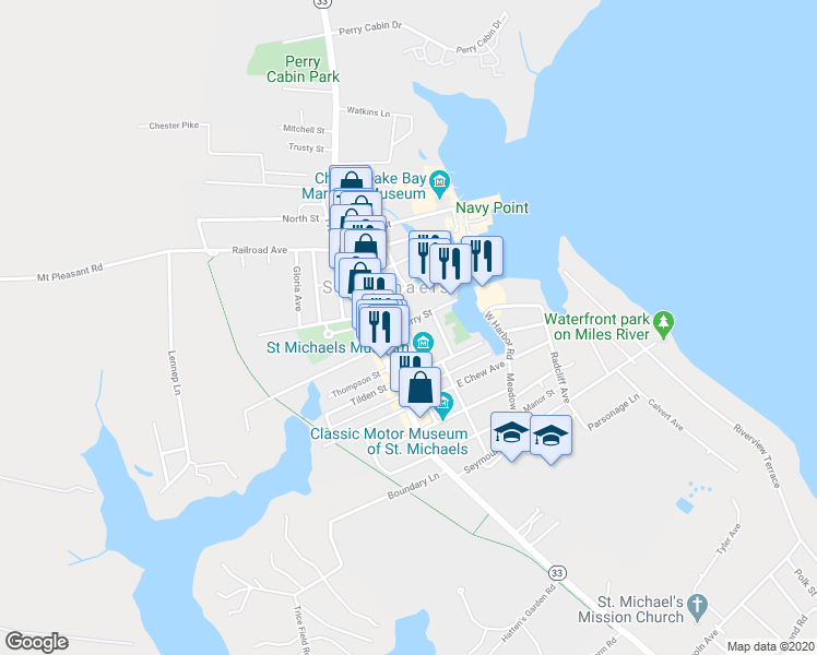 map of restaurants, bars, coffee shops, grocery stores, and more near 200 Mulberry Street in Saint Michaels
