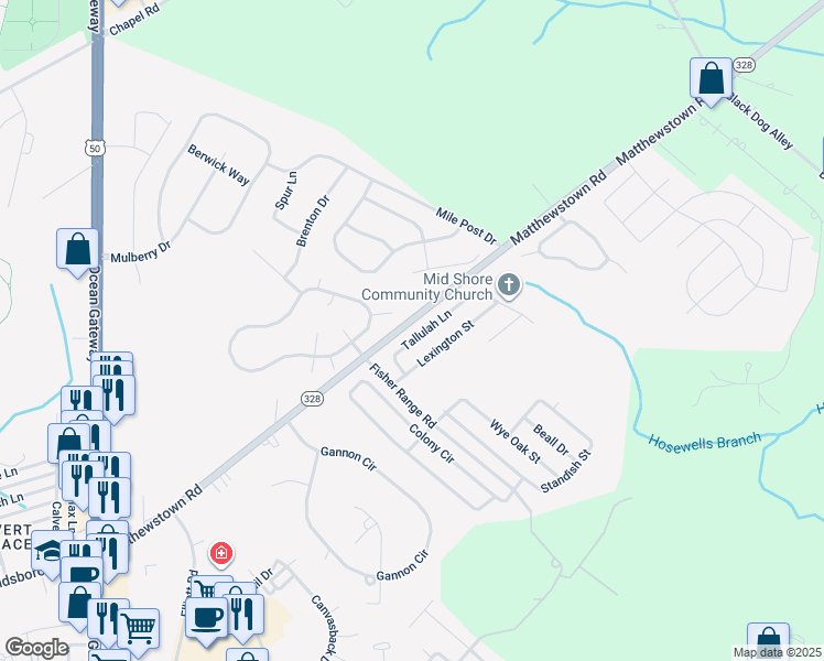 map of restaurants, bars, coffee shops, grocery stores, and more near 29632 Tallulah Lane in Easton