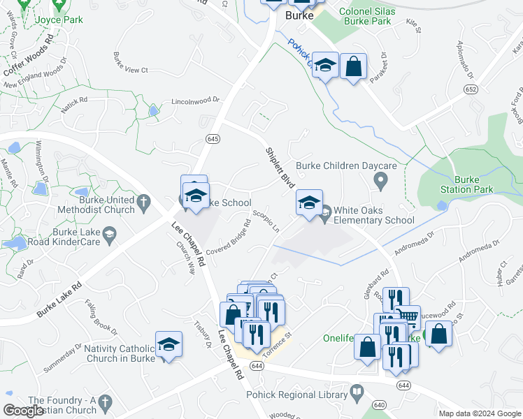 map of restaurants, bars, coffee shops, grocery stores, and more near 6104 Mantlepiece Court in Burke