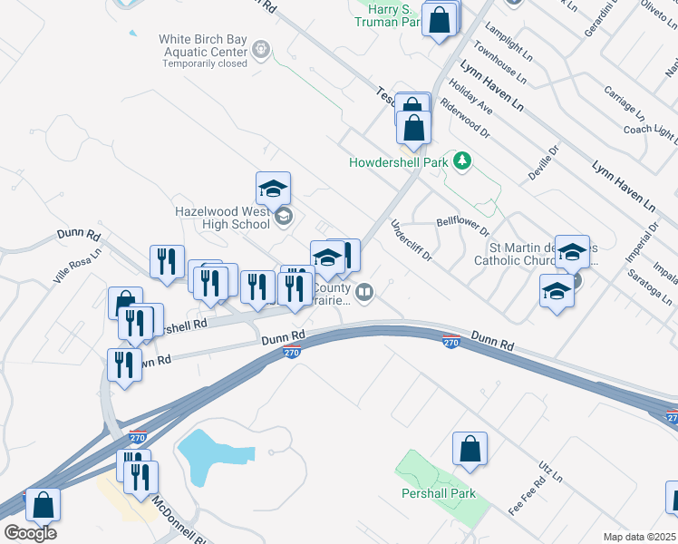 map of restaurants, bars, coffee shops, grocery stores, and more near 1 Wildcat Lane in Hazelwood