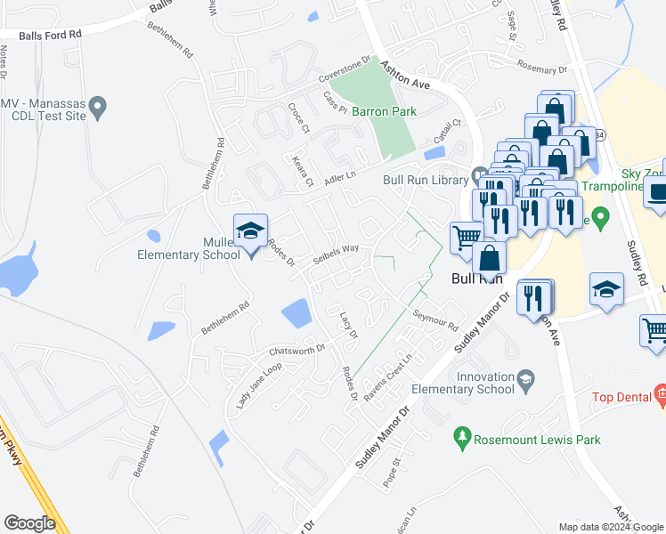 map of restaurants, bars, coffee shops, grocery stores, and more near 7977 Calvary Court in Manassas