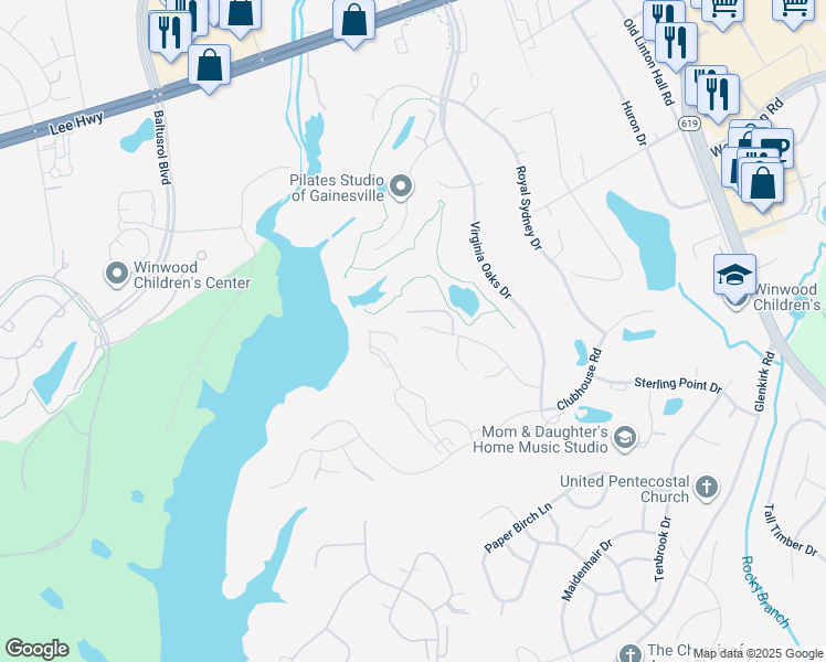 map of restaurants, bars, coffee shops, grocery stores, and more near 14439 Presidents Landing Way in Gainesville