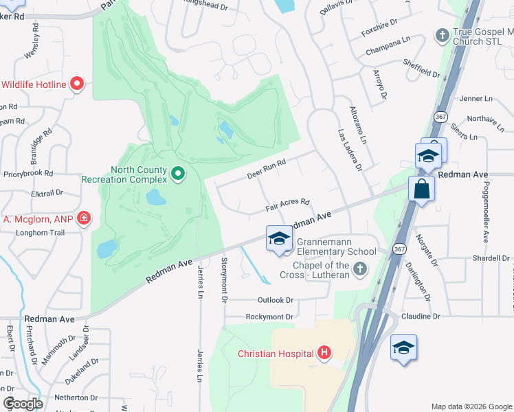 map of restaurants, bars, coffee shops, grocery stores, and more near 2417 Fair Acres Road in St. Louis