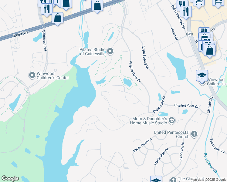 map of restaurants, bars, coffee shops, grocery stores, and more near 14439 Presidents Landing Way in Gainesville