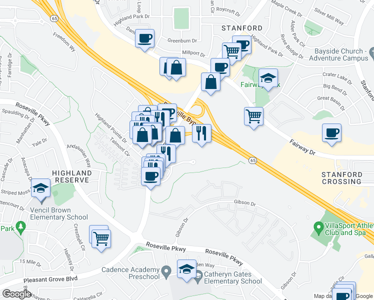 map of restaurants, bars, coffee shops, grocery stores, and more near 915 Highland Pointe Drive in Roseville