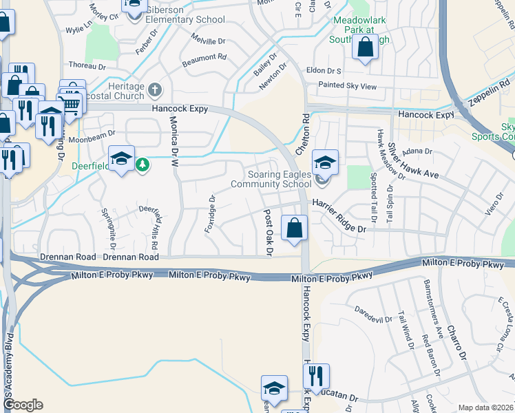 map of restaurants, bars, coffee shops, grocery stores, and more near 4650 Morning Mist Drive in Colorado Springs