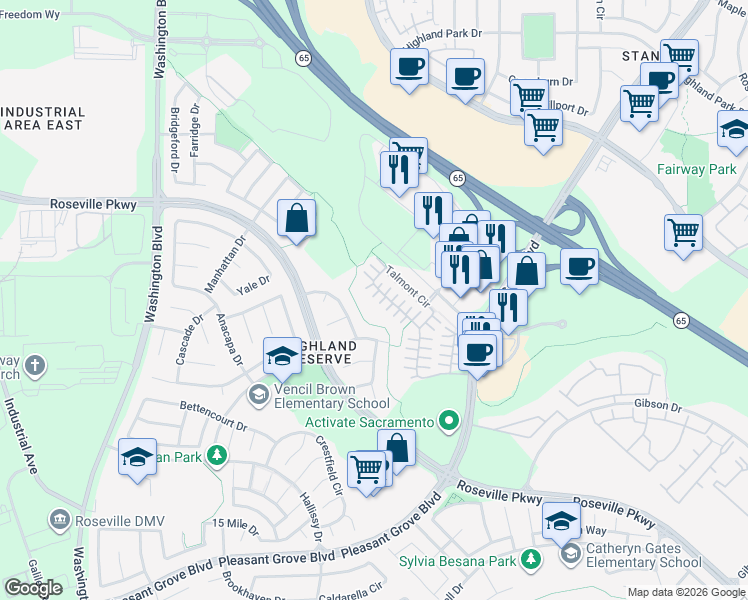 map of restaurants, bars, coffee shops, grocery stores, and more near 184 Talmont Circle in Roseville