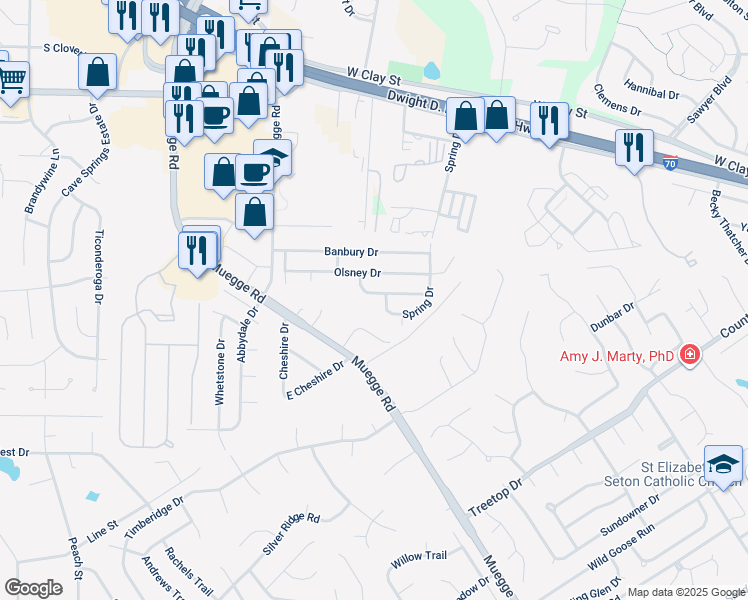 map of restaurants, bars, coffee shops, grocery stores, and more near 313 Spring Drive in Saint Charles