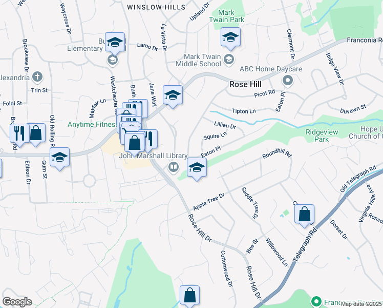 map of restaurants, bars, coffee shops, grocery stores, and more near 6109 Craft Road in Alexandria