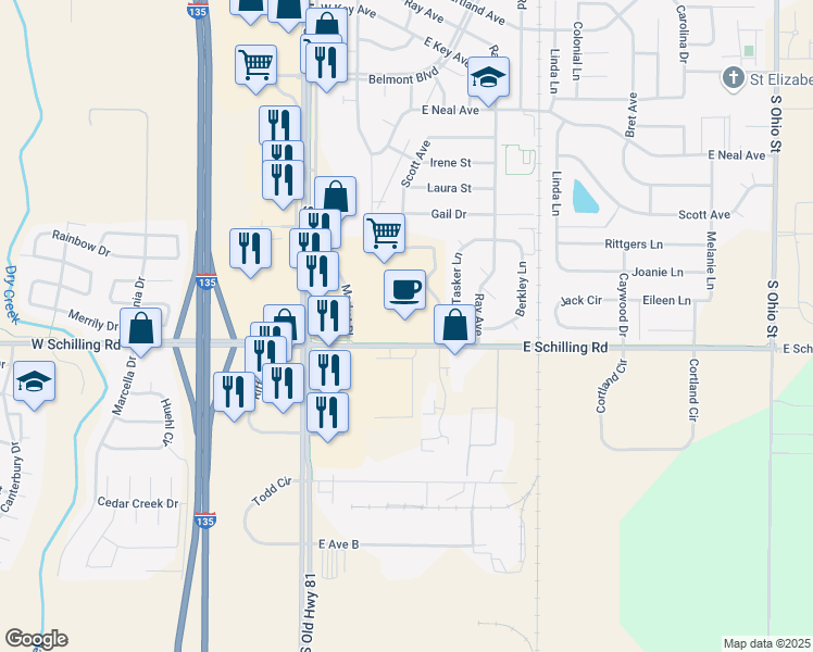 map of restaurants, bars, coffee shops, grocery stores, and more near 2939 Market Place in Salina