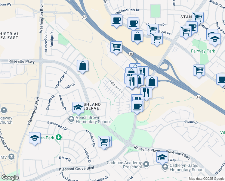 map of restaurants, bars, coffee shops, grocery stores, and more near 120 Talmont Circle in Roseville