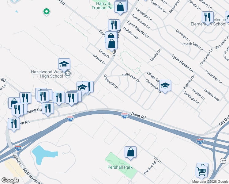 map of restaurants, bars, coffee shops, grocery stores, and more near 747 Mary Jo Lane in Hazelwood