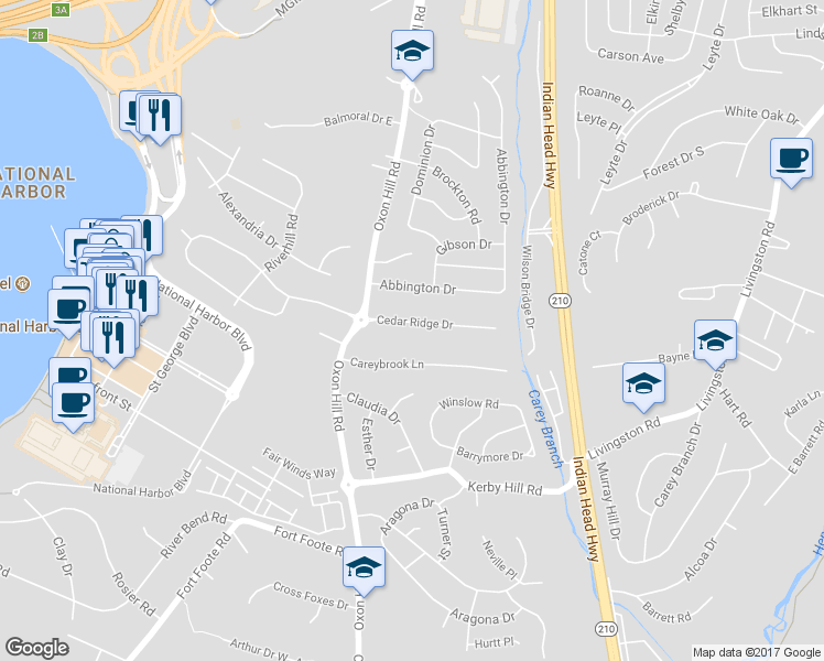 map of restaurants, bars, coffee shops, grocery stores, and more near 301 Cedar Ridge Drive in Oxon Hill