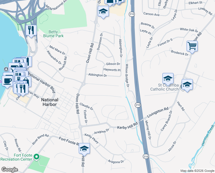 map of restaurants, bars, coffee shops, grocery stores, and more near 311 Cedar Ridge Drive in Oxon Hill