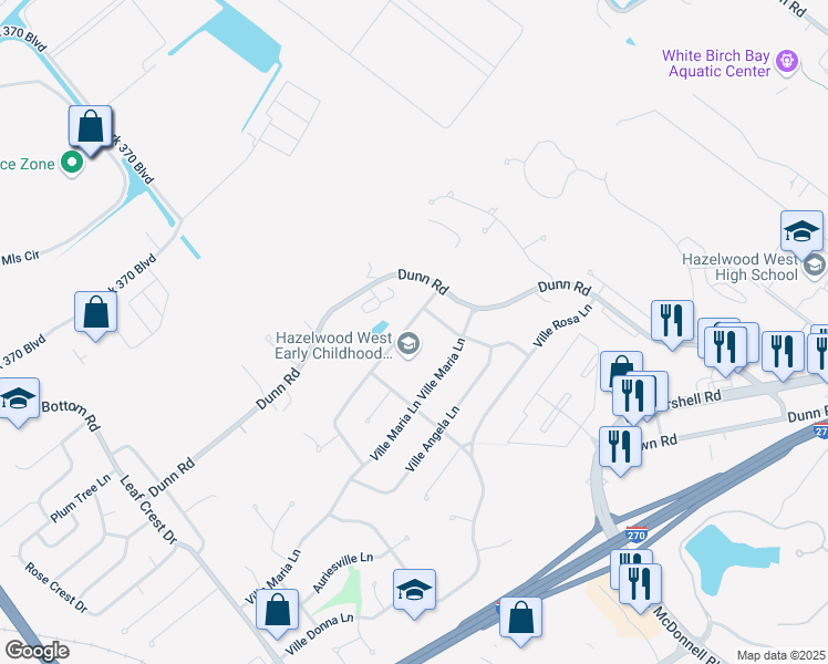 map of restaurants, bars, coffee shops, grocery stores, and more near 5336 Ville-Cecelia Lane in Hazelwood