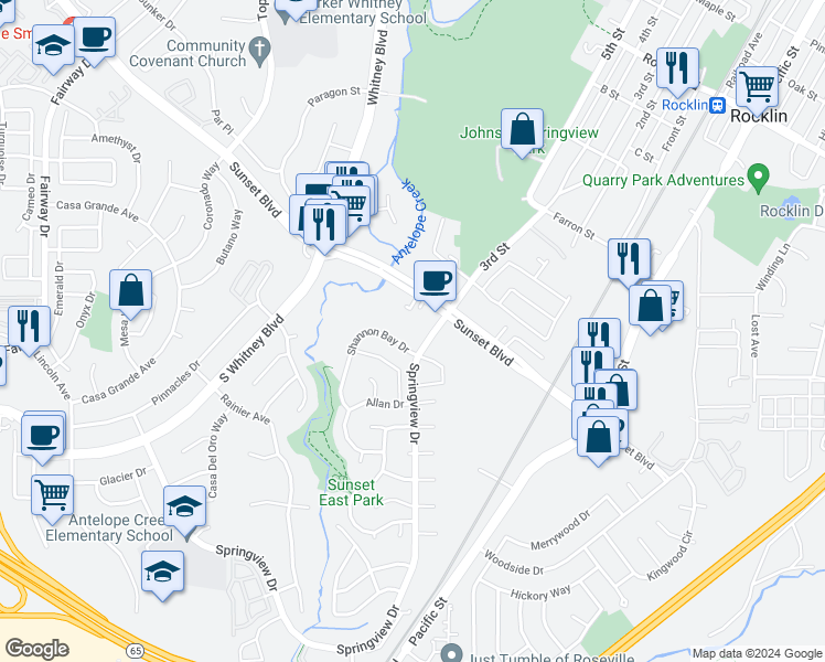 map of restaurants, bars, coffee shops, grocery stores, and more near 5780 Springview Drive in Rocklin