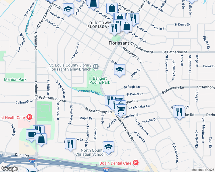 map of restaurants, bars, coffee shops, grocery stores, and more near 300 South New Florissant Road in Florissant