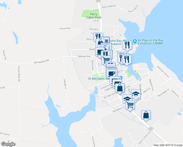 map of restaurants, bars, coffee shops, grocery stores, and more near 116 Gloria Avenue in Saint Michaels