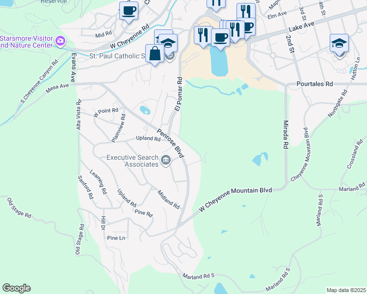 map of restaurants, bars, coffee shops, grocery stores, and more near 601 Penrose Boulevard in Colorado Springs