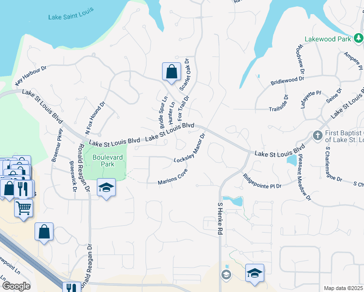 map of restaurants, bars, coffee shops, grocery stores, and more near 1120 Hunter Court in Lake Saint Louis