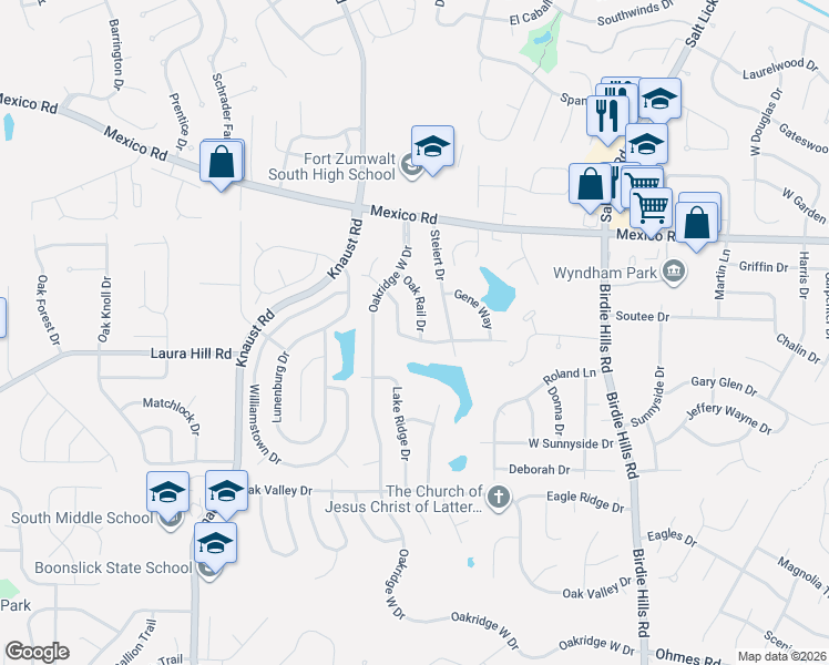 map of restaurants, bars, coffee shops, grocery stores, and more near 106 Lake Point Drive in St. Peters