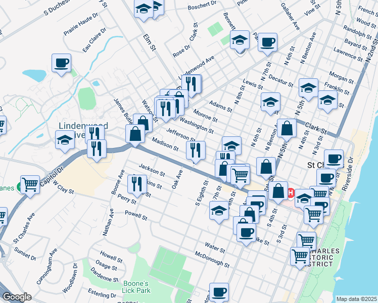 map of restaurants, bars, coffee shops, grocery stores, and more near 1002 Madison Street in Saint Charles