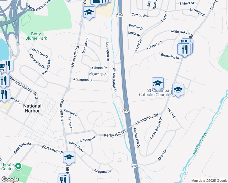 map of restaurants, bars, coffee shops, grocery stores, and more near 569 Wilson Bridge Drive in Oxon Hill