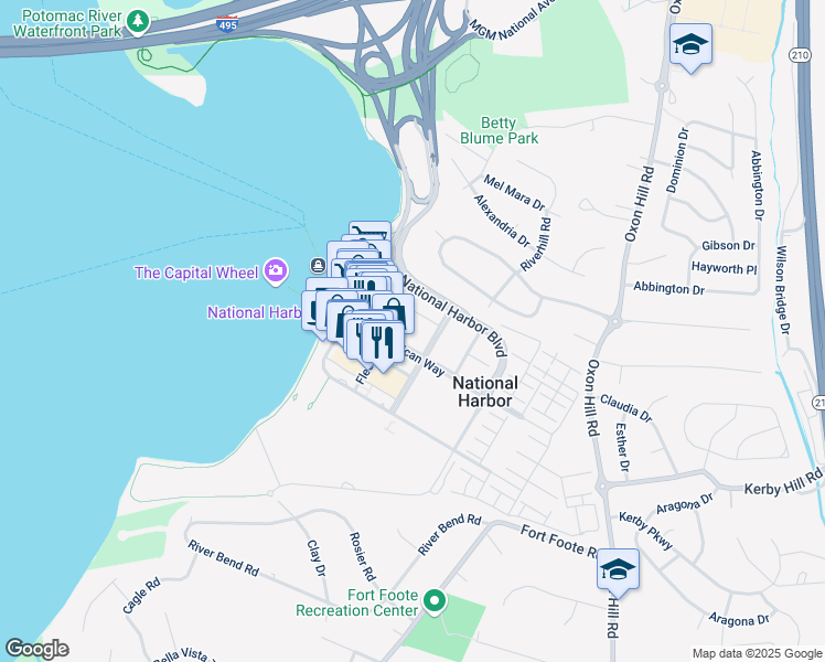 map of restaurants, bars, coffee shops, grocery stores, and more near 250 American Way in Fort Washington