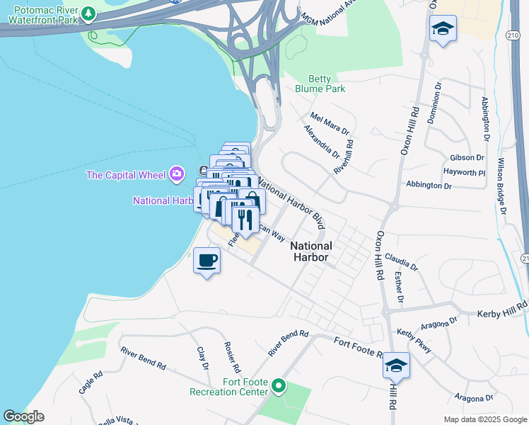 map of restaurants, bars, coffee shops, grocery stores, and more near 250 American Way in Oxon Hill