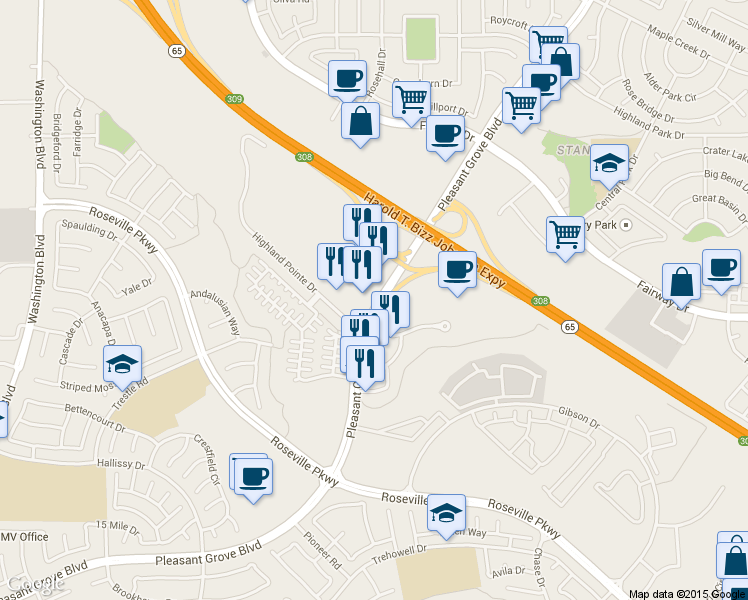 map of restaurants, bars, coffee shops, grocery stores, and more near 910 Pleasant Grove Blvd in Roseville