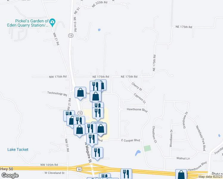 map of restaurants, bars, coffee shops, grocery stores, and more near Basswood Street in Warrensburg