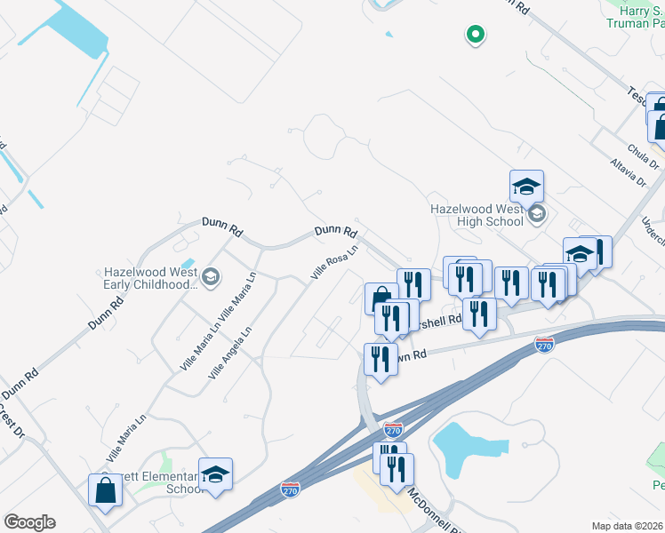 map of restaurants, bars, coffee shops, grocery stores, and more near 5427 Ville Rosa Lane in Hazelwood