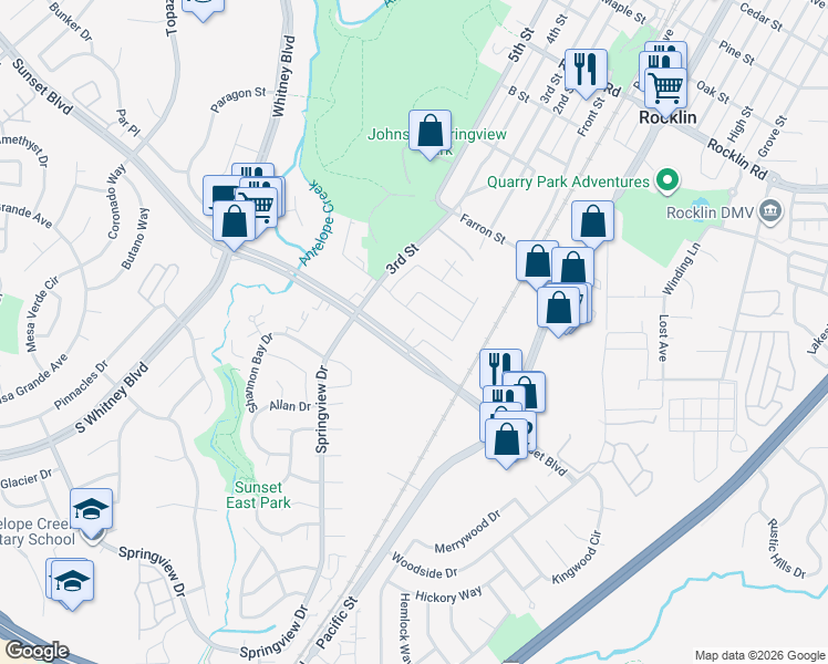map of restaurants, bars, coffee shops, grocery stores, and more near 3551 Sunset Boulevard in Rocklin