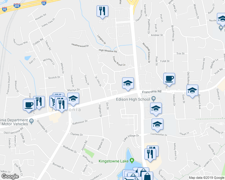 map of restaurants, bars, coffee shops, grocery stores, and more near 6165 Morning Glory Road in Alexandria